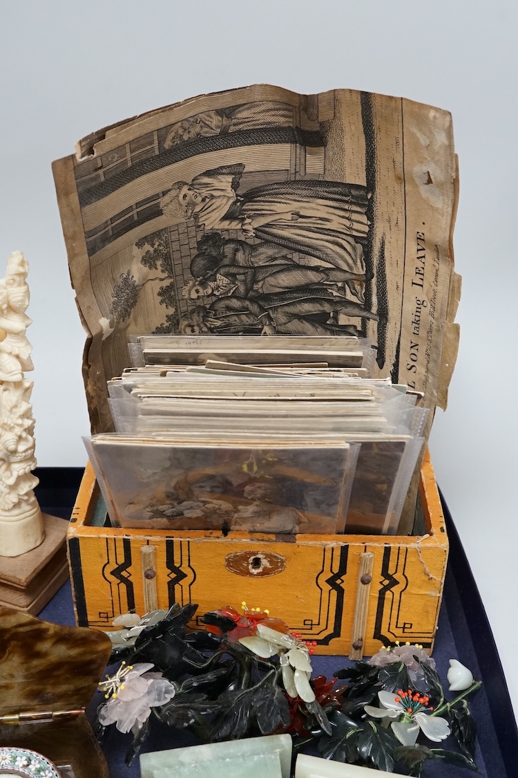 A group of mixed collectables including postcards, bone items, Chinese miniature hardstone flowers, etc.